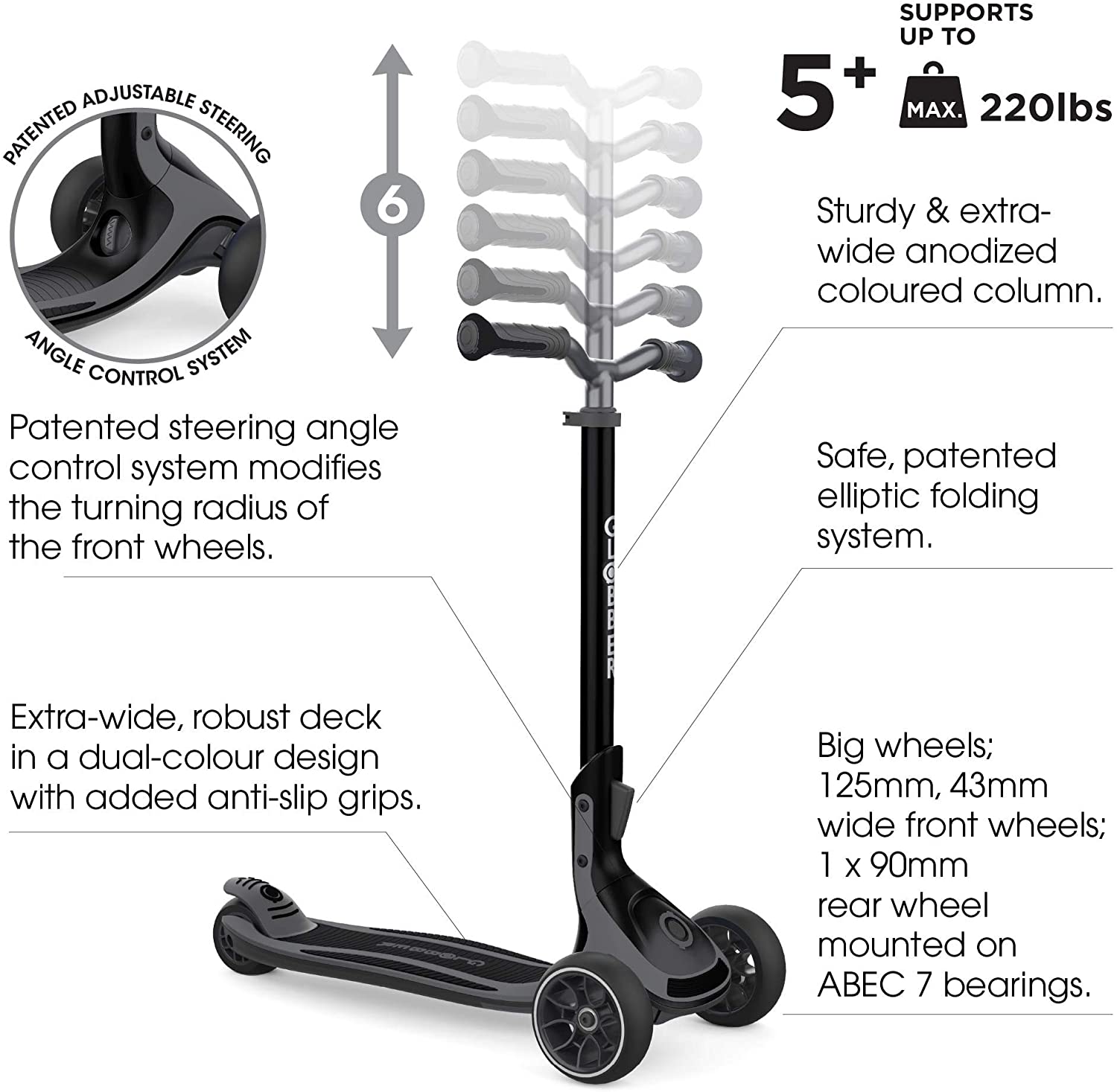Patented steering control on a 3 wheel foldable scooter Globber